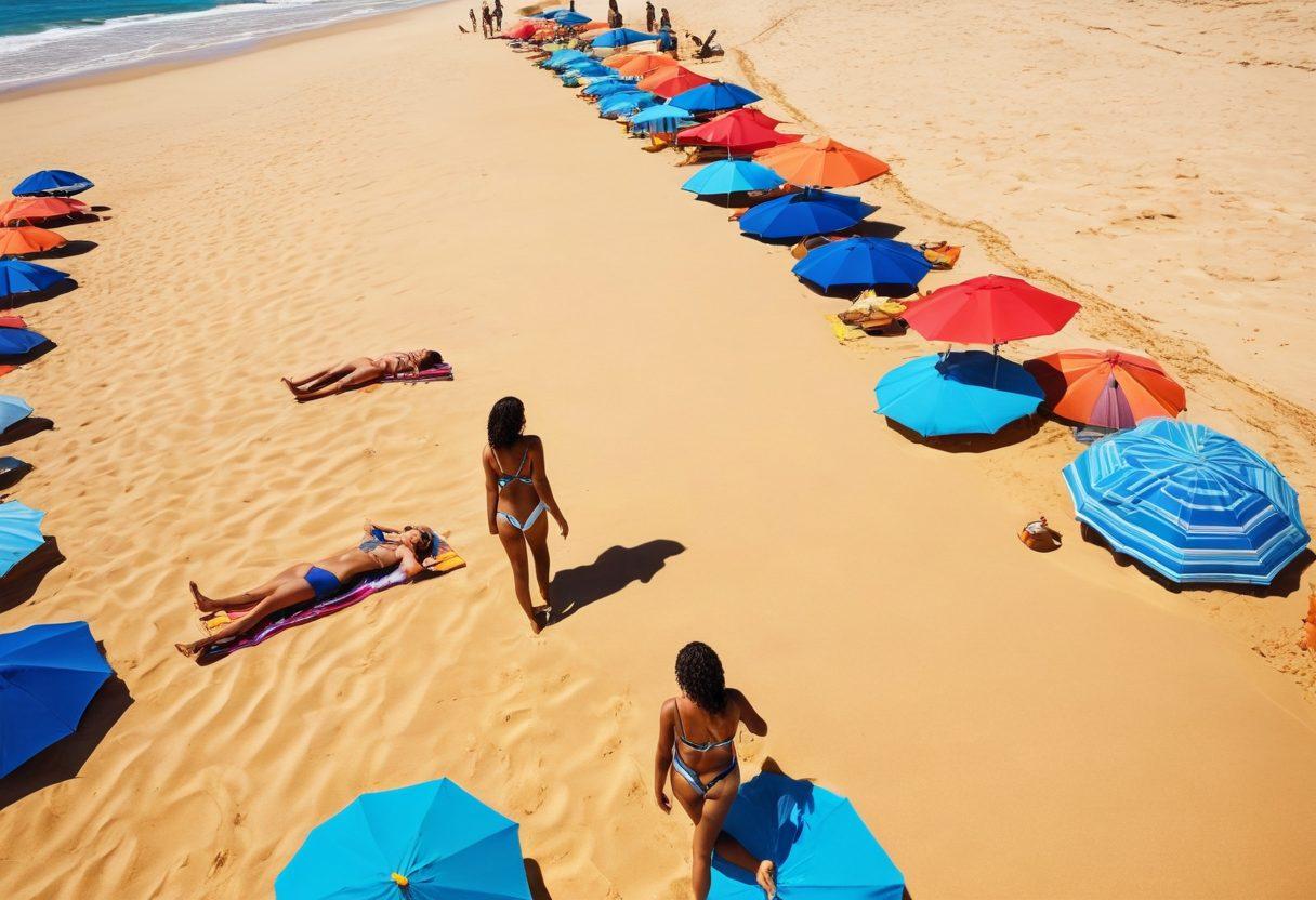 A sunny beach scene showcasing a diverse group of individuals confidently wearing stylish swimsuits that flatter their unique body shapes. Include a vibrant beach umbrella, colorful towels, and the shimmering ocean in the background. The people should represent various ethnicities and body types, enjoying the sun with smiles and laughter. Bright blue skies and warm sun rays should add to the inviting atmosphere. vibrant colors. super-realistic.