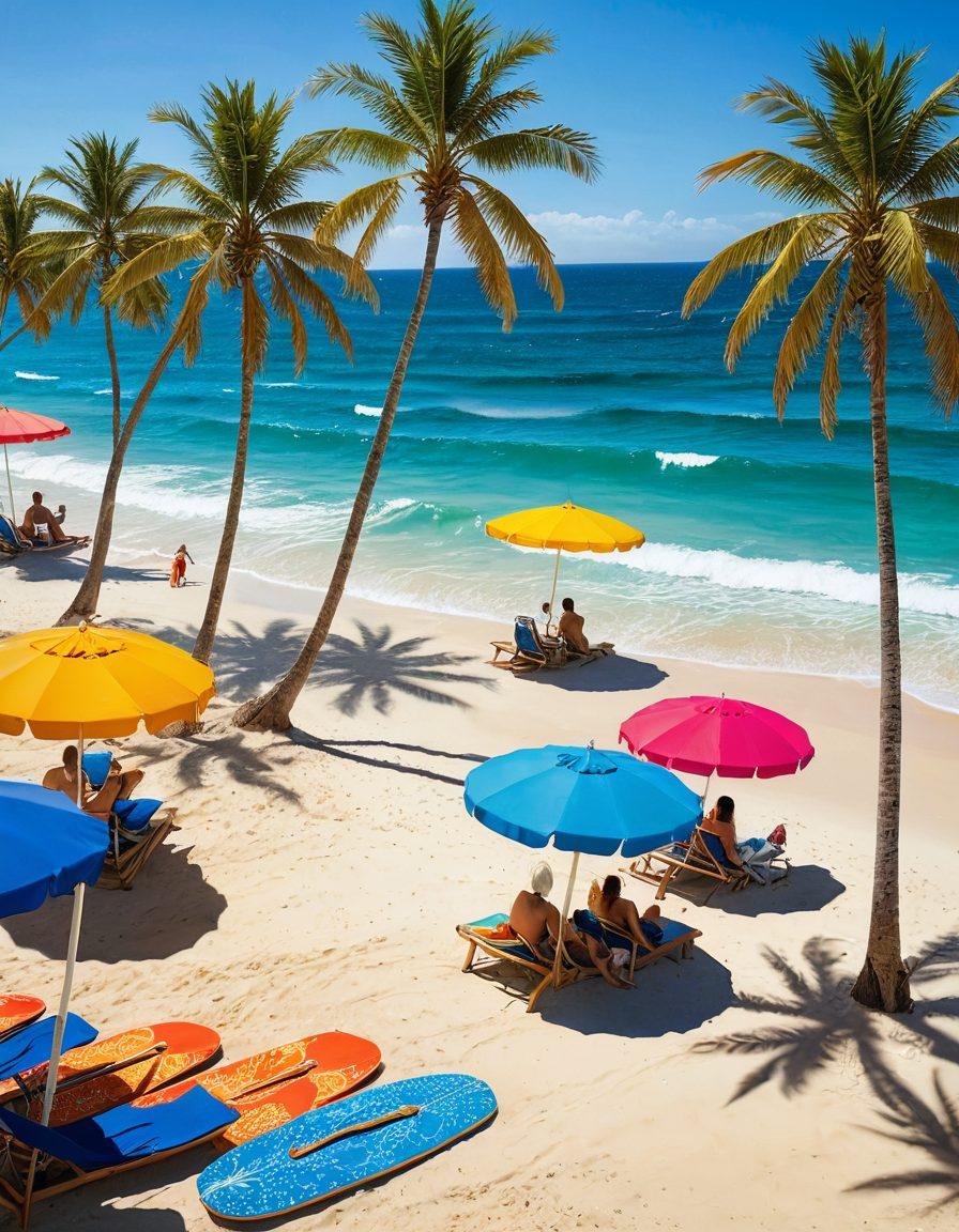 A sun-soaked beach scene featuring a diverse group of people in stylish thongs and bikinis, showcasing the latest summer beachwear trends. Include vibrant beach umbrellas, surfboards, and palm trees in the background, with clear blue skies and sparkling ocean waves. Emphasize the joy of summer and beach life, creating an inviting atmosphere. super-realistic. vibrant colors. beach setting.