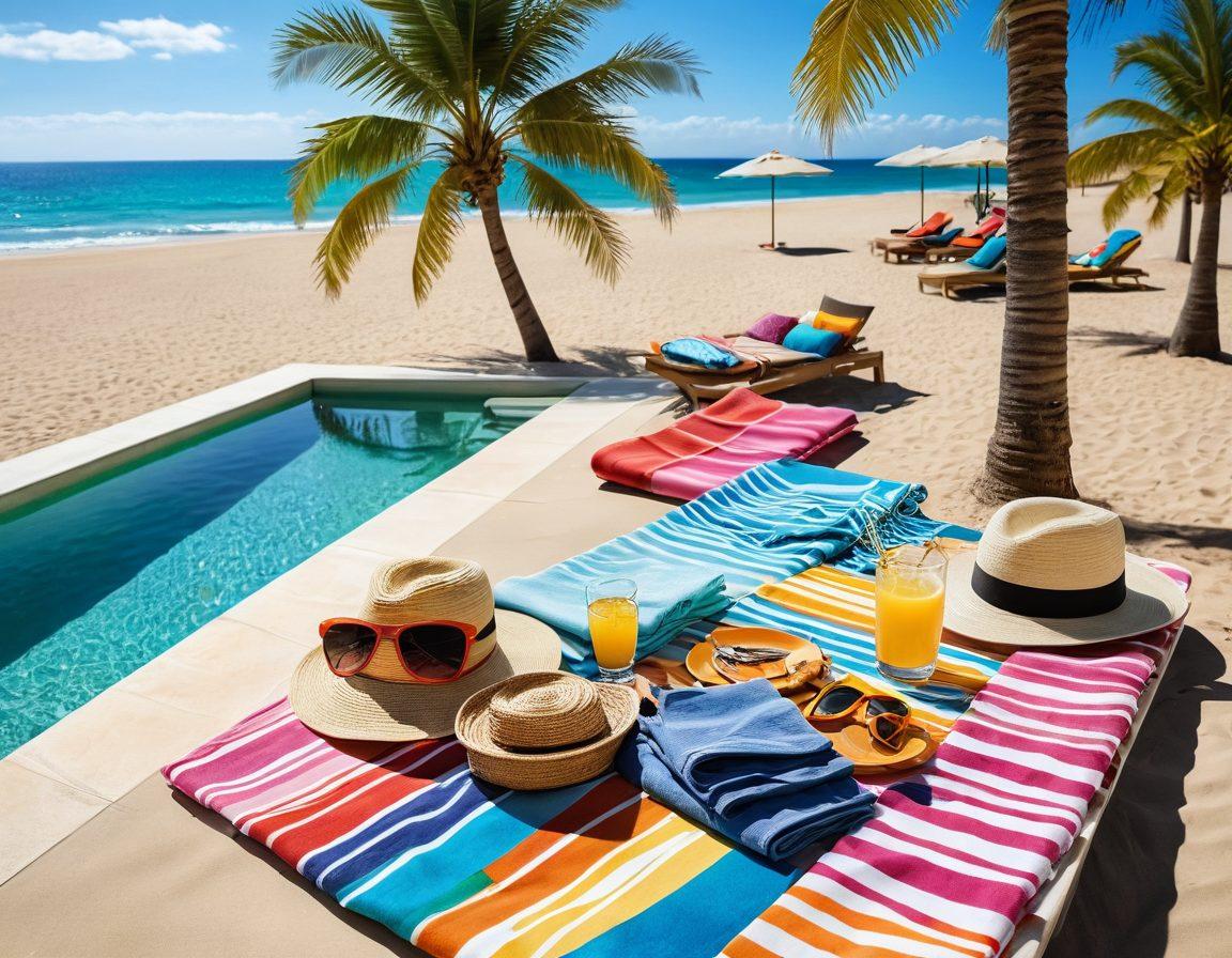 A vibrant summer scene showcasing a stylish beach setting merging into a luxurious poolside. Include colorful beach towels, trendy sunglasses, stylish hats, and refreshing drinks on a table. The sun is shining brightly, with palm trees swaying gently in the breeze. Emphasize a playful, relaxed atmosphere with bright, summery colors. super-realistic. vibrant colors. tropical vibe.